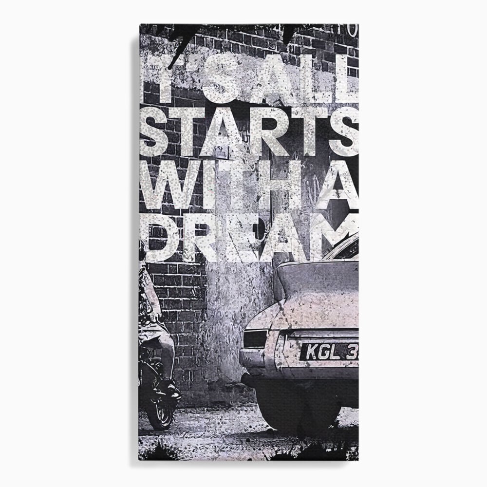 Tablou canvas cu tablou motivational alb-negru cu text si masina, fara rama, pe sasiu de lemn